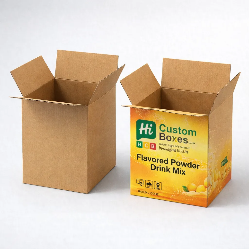 Durable corrugated shipping cartons with custom mango drink mix printing for bulk powder transport and storage. class=